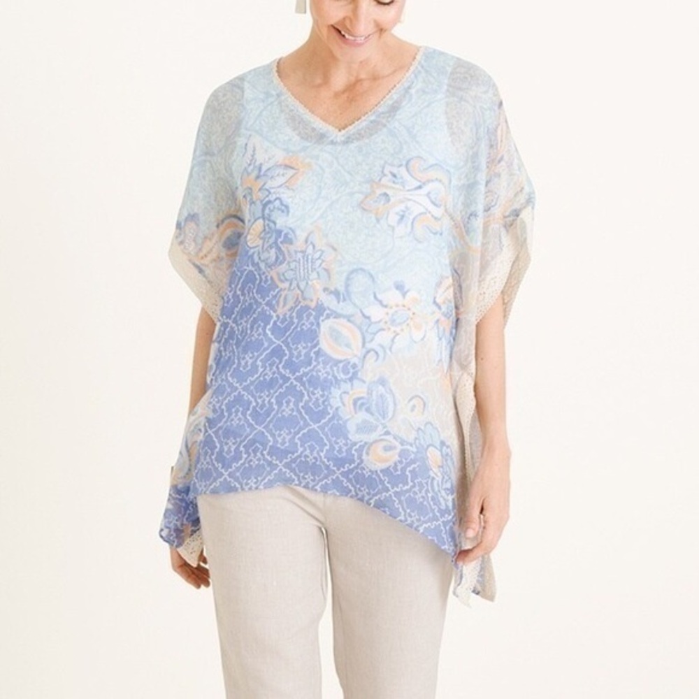 Chico’s Exotic Floral Linen Poncho Blue & Cream Sz. S/M NWT!